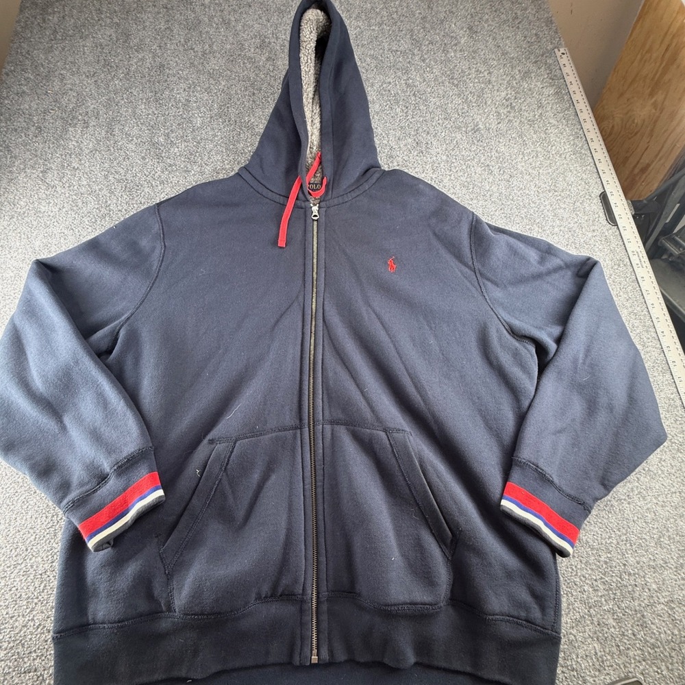 Polo Ralph Lauren Mens XXL Navy Sherpa Lined Full Zip Hoodie Striped Cuffs 0737